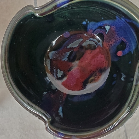 Handcrafted Studio Pottery Tri Point Cereal Bowls Splash Glaze Black Set  of 2 - Picture 4 of 10